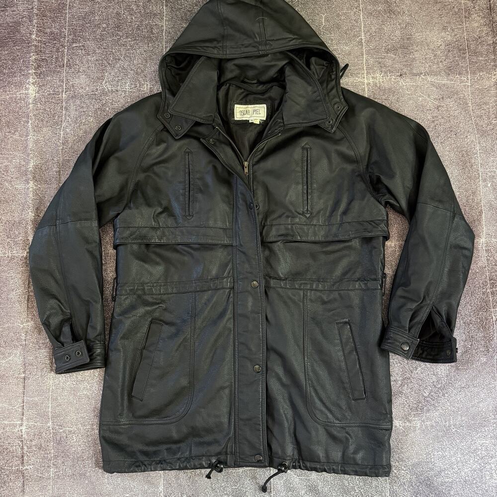 Men's Vintage 90's Oscar Piel Full Zip Up Black Leather Duster Moto Jacket Sz XL